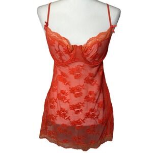 Victoria Secret Babydoll Lingerie Women 36D Orange Lace Floral Underwire Chemise